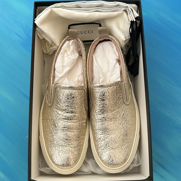Authentic GUCCI Metallic Gold Foil Slip On Shoes Size 37 - Picture 2 of 7